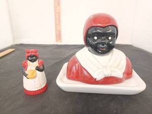 lot 282 image: Antique Aunt Jemima Cookie Jar Butter Dish and S OR P Shaker, you choose