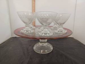 lot 305 image: Vintage Cake Stand, RedClear Glass and Sherbet Cups