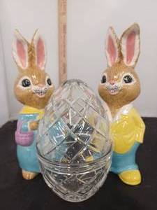 lot 322 image: 7 Lead Crystal Hand Cut Egg Dish and Some Bunnys