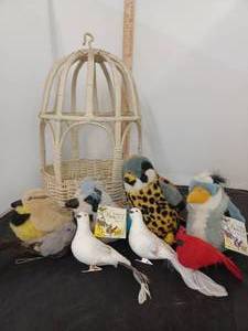 lot 325 image: Wicker Bird Cage, Plush and Craft Birds