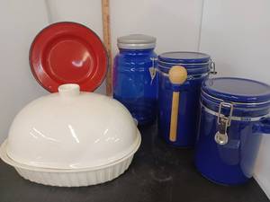 lot 333 image: Red Enamel Plate, White Tureen, and Blue Drink Dispenser and Cannisters