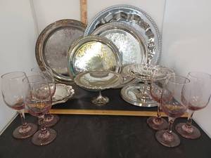 lot 335 image: Silver Plate Serving Ware and Pink Wine Glasses