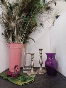 lot 358 image: Peacock Feathers, Candle Holders and Vase