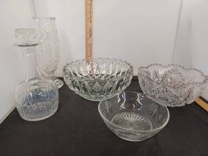 lot 366 image: Cut Glass Decanter, Glass Bowls and Vase