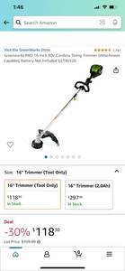 lot 69508 image: Greenworks PRO 16-Inch 80V Cordless String Trimmer (Attachment Capable), Battery Not Included GST80320