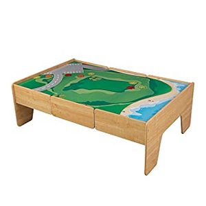 lot 69515 image: KidKraft Double-Sided Wood Train and Activity Table with Built-In Storage Drawer Natural