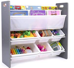 lot 69526 image: Humble Crew, GreyWhite Kids, 6 Bin Toy Organizer and 2 Tier Bookrack