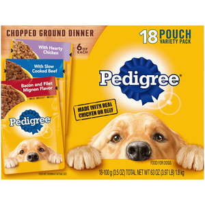 lot 69565 image: PEDIGREE Chopped Ground Dinner Meaty Flavors Wet Dog Food Variety Pack (18 Pack) 3.5 oz Pouches