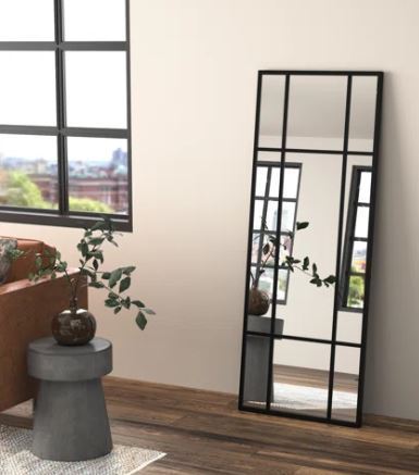 lot 6182 image: Home Decorators Collection Oversized Black Metal Frame Windowpane Classic Floor Mirror -70 In H X 29 In W