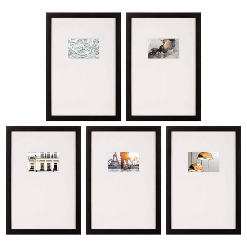 lot 6248 image: Instapoints 5 Piece Gallery Wall Picture Frame Set 12 X 18 Matted To 4 X 6 With Offset Mat & Hanging Template