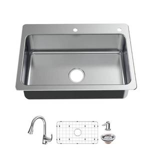 lot 2135 image: Glacier Bay Bratten All-In-One Drop-InUndermount 18G Stainless Steel 33 In 2-Hole Single Bowl Kitchen Sink With Pull Down Faucet, Silver