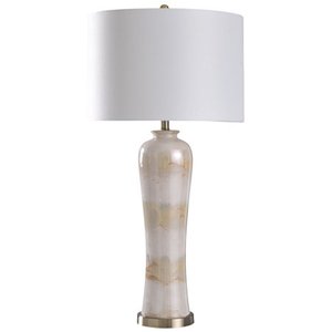 lot 2147 image: Angel - Abstract Pattern Ceramic Table Lamp With Metal Base And Drum Shade - Cream Tan White Brass Finish - White Shade