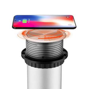 lot 2225 image: Link2Home 2-Outlets Automatic Pop Up With 10-Watt Induction Wireless Charger 2 Usb 34A Splash Resistant LED Light Silver Anodized Finish