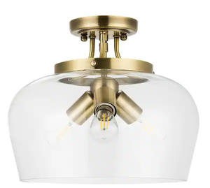 lot 2369 image: 3-Light Antique Brass Semi-Flush Mount Ceiling Light with Glass Shade