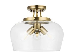 lot 2371 image: 3-Light Antique Brass Semi-Flush Mount Ceiling Light with Glass Shade