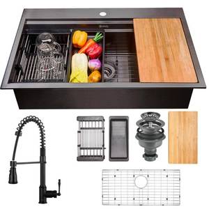 lot 2269 image: Akdy All-In-One Matte Black Finished Stainless Steel 33 In X 22 In Single Bowl Drop-In Kitchen Sink With Spring Neck Faucet Gunmetal Matte Black