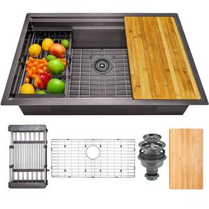lot 2319 image: Akdy Handmade Workstation Stainless Steel 32 In X 18 In Single Bowl Ledge Undermount Kitchen Sink In Matte Black Gunmetal Matte Black