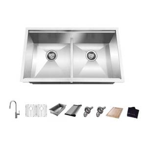 lot 2375 image: Glacier Bay Aio Zero Radius Undermount Stainless Steel 33 In 50-50 Double Bowl Workstation Kitchen Sink Pull-Down Faucet&nbsp