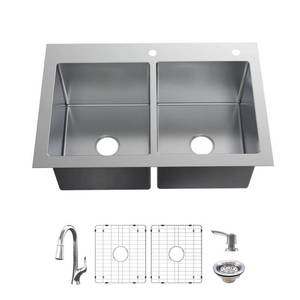 lot 2502 image: Glacier Bay Aio Dolancourt Tight Radius Drop-InUndermount 18G Stainless Steel 33 In Double Bowl Kitchen Sink With Pull-Down Faucet Silver