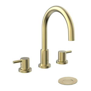 lot 2415 image: Belanger Two-Handle Widespread Bathroom Faucet With Drain Assembly Matte Gold