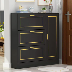lot 2325 image: Wood Shoe Storage Cabinet Black Gold with 3-Drawers, 1-Cabinet for 27-Pairs