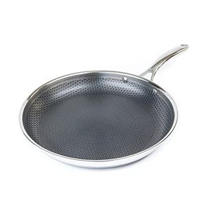 lot 7029 image: HexClad 12 Inch Hybrid Stainless Steel Frying Pan with Stay Cool Handle PFOA Free, Dishwasher and Oven Safe, Non-Stick, Works with Induction Cooktop, Gas, Ceramic, and Electric Stove