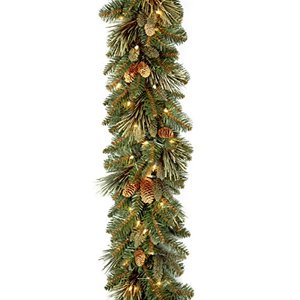 lot 7036 image: National Tree Company Pre-Lit Artificial Christmas Garland, Green, Carolina Pine, White Lights, Decorated with Pine Cones, Battery Operated, Christmas Collection, 9 Feet