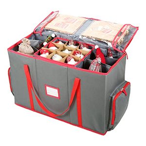 lot 7045 image: Valorcielo Christmas Ornament Figurine Storage Box, Xmas decoration Storage Container with Zippered Closure, Pockets, Removable Trays for 73 Holiday Ornaments, Adjustable Extent Area for Figurines