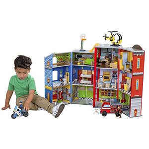 lot 7054 image: KidKraft Everyday Heroes Wooden Playset, 3-Story with 26-Piece Accessories, Foldable for Storage