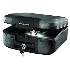lot 7056 image: SentrySafe Fireproof and Waterproof Safe Box with Key Lock, Fire and Water Chest Safe with Interior Lighting, 0.28 Cubic Feet, 6.6 x 15.4 x 14.3 Inches, CHW20205