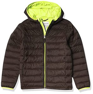 lot 7071 image: Amazon Essentials Boys Lightweight Water-Resistant Packable Hooded Puffer Coat, GreyNeon Yellow, Small