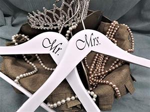 lot 7076 image: NAHANCO MRMRS20117WH Bridal Hanger Set, White Wood Hangers with Black Imprint (Mr. and Mrs.), 17�� (2 Piece Set)