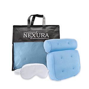 lot 7101 image: Nexura Bath Pillow Luxury Comfort - Upgraded with 6 Strong Adhesive Non-Slip Suction Cups, Thick & Soft, Air Mesh Technology Bathtub for Headrest, Back Neck Support Sleep Eye Pad (Blue), 3D-B
