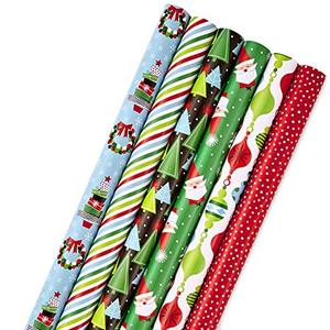 lot 7118 image: Hallmark Christmas Wrapping Paper Bundle with Cut Lines on Reverse (Pack of 6 180 sq. ft. ttl.) Modern Santa, Trees on Black, Stripes, Ornaments