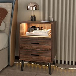 lot 7127 image: LVSOMT Nightstand with Charging Station and USB Ports, Rustic Brown Bedside Table with Open Shelf, Mid Century Modern Nightstand with 2 Drawers, Night Stands for Bedroom