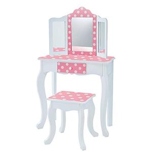 lot 7130 image: Teamson Kids Pretend Play Kids Vanity, Table and Chair Vanity Set with Mirror Makeup Dressing Table, with Drawer Fashion Polka Dot Prints Gisele Vanity Set, Pink White
