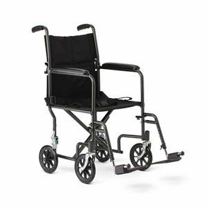 lot 7133 image: Medline Steel Transport Chair 8-Inch Wheels Light Weight Full Length Armrests Swing Away Footrests Folds Flat 19-Inch Wide Seat