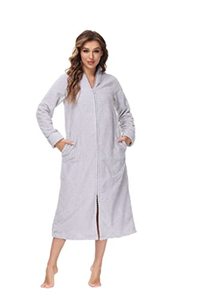 lot 7550 image: INKIVY Embossed Plush Front Zipper Robe for Women - Full-Length Housecoat - Ladies Bathrobe Loungewear with Pocket, Collar & Cuff, Quiet Gray, XL