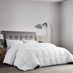lot 7567 image: HOMBYS Feather and Down Comforter, Oversized King Comforter 120 x 132, White Extra Large Duvet Insert for All Season, 100% Cotton Cover Down Proof with Corner Tabs
