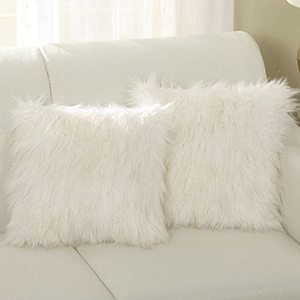 lot 7613 image: Stratford Park Gold White Faux Fur Pillow Covers, 18 x18 Set of 2, Luxury Fluffy Decorative Pillow Cases Throw Pillow Cover