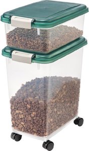 lot 8005 image: IRIS USA 2-Piece 35 Lbs  45 Qt WeatherPro Airtight Pet Food Storage Container Combo with Treat Box for Dog Cat and Bird Food, Keep Pests Out, Translucent Body, Easy Mobility, Green
