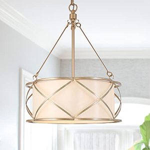 lot 8024 image: Durent Lighting Modern Gold Chandelier, 3-Light Drum Large Pendant Lighting Fixture with Fabric Shade, Cage Hanging Farmhouse Chandelier for Dining&Living Room, Bedroom, Kitchen, Foyer, Dia 15.7