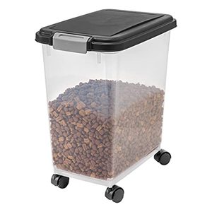lot 8038 image: IRIS USA 25Lbs.33Qt. WeatherPro Airtight Pet Food Storage Container with Attachable Casters, For Dog Cat Bird and Other Pet Food Storage Bin, Keep Fresh, Translucent Body, Easy Mobility, Black