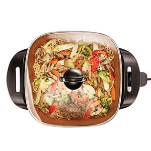 lot 8040 image: BELLA Electric Ceramic Titanium Skillet, Roast, Fry and Steam, Healthy-Eco Non-stick Coating, Convenient Easy Clean Up, Glass Lid Included, 12 x 12, CopperBlack