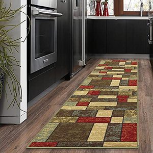 lot 8060 image: Machine Washable Boxes Design Non-Slip Rubberback 2x5 Traditional Runner Rug for Hallway, Kitchen, Bedroom, Entryway, 20 x 59, Multicolor