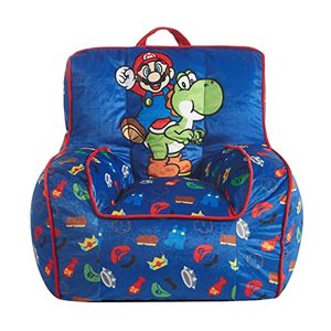 lot 8087 image: Idea Nuova Nintendo Super Mario Kids Mink Plush Bean Bag Chair with Piping & Top Carry Handle