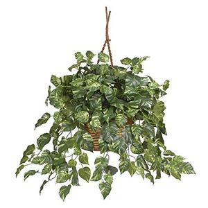 lot 8097 image: Nearly Natural 6517 Pothos Hanging Basket Decorative Silk Plant, Green,29 x 10.25 x 10.25