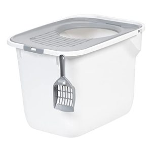 lot 8125 image: IRIS USA Large Top Entry Cat Litter Box with Scoop, Kitty Litter Pan with Litter Particle Catching Cover and Privacy Walls, WhiteGray