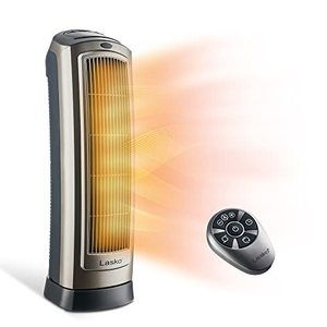 lot 8143 image: Lasko Oscillating Digital Ceramic Tower Heater for Home with Adjustable Thermostat, Timer and Remote Control, 23 Inches, 1500W, Silver, 755320
