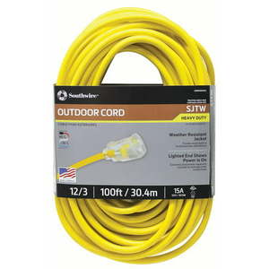 lot 8256 image: Southwire 100 Foot 15 Amp SJTW Heavy Duty Electrical Extension Cord Yellow